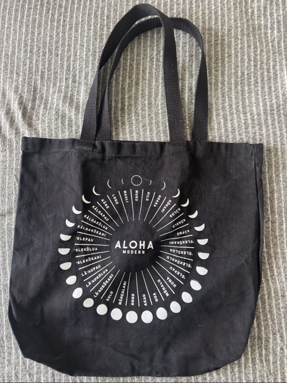 Aloha Modern Black Canvas Tote with Moon Phase Graphic